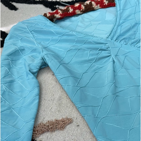 y2k Top Stretch Blouse Balletcore Fairycore Turquoise Teal Ruched Sexy - Picture 11 of 14